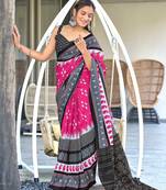 Pink ikkat print mulmul cotton saree with blouse.