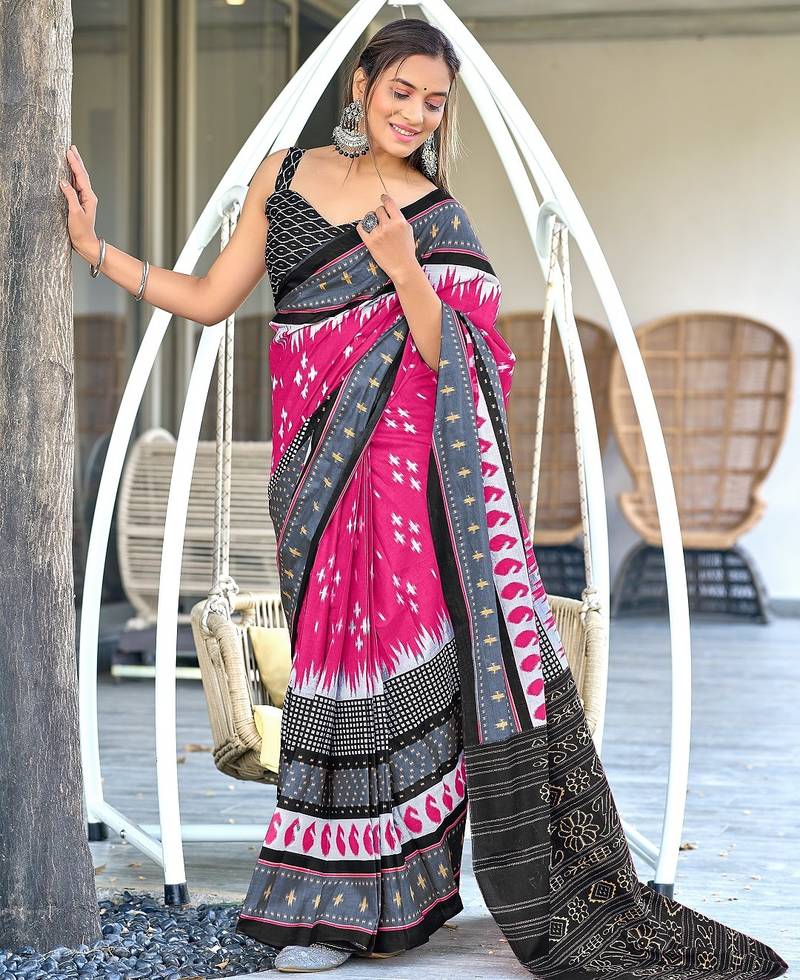 Pink ikkat print mulmul cotton saree with blouse.