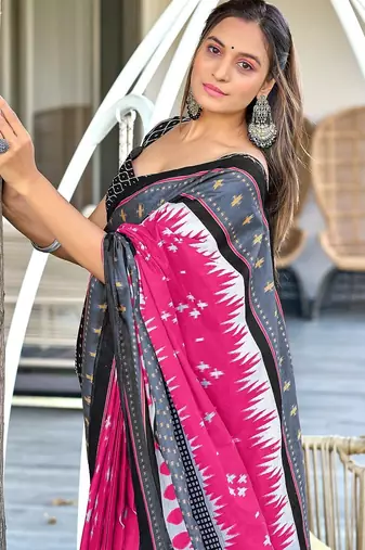 Pink ikkat print mulmul cotton saree with blouse.