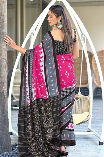 Pink ikkat print mulmul cotton saree with blouse.