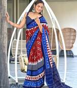 Red ikkat print mulmul cotton saree with blouse.