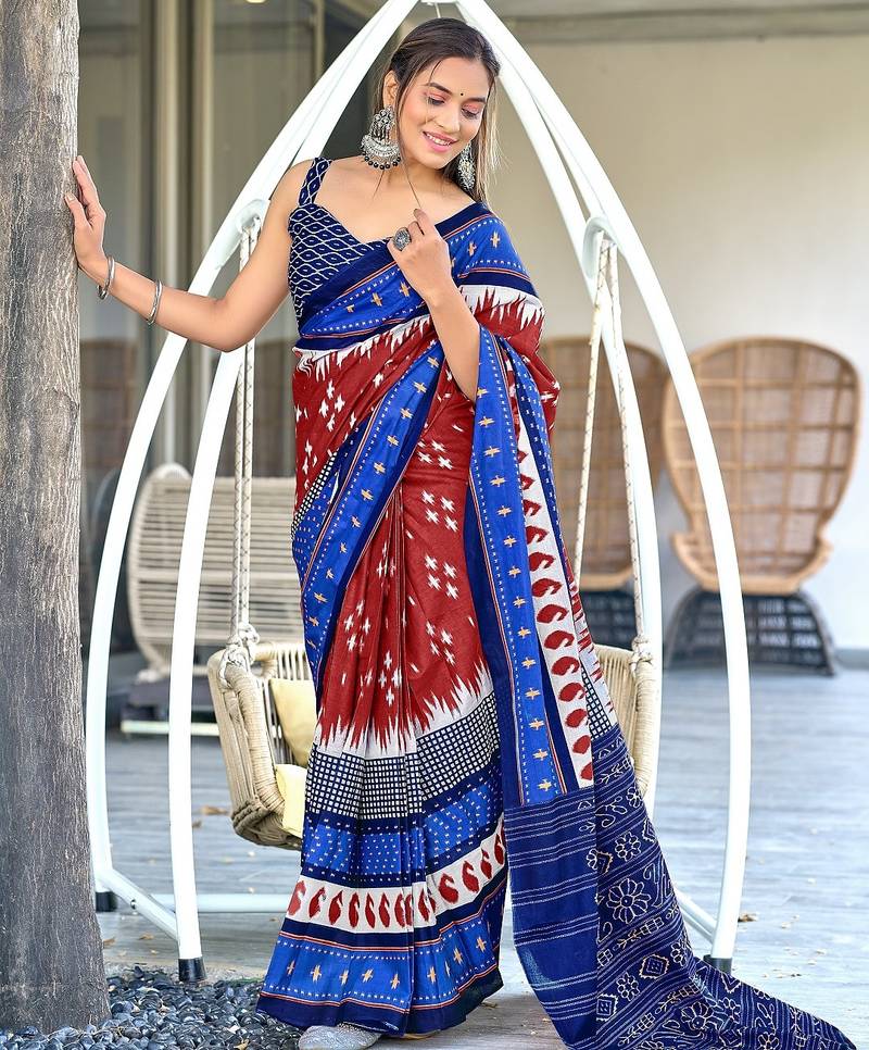 Red ikkat print mulmul cotton saree with blouse.