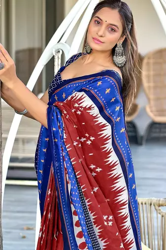 Red ikkat print mulmul cotton saree with blouse.