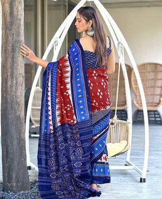 Red ikkat print mulmul cotton saree with blouse. 4