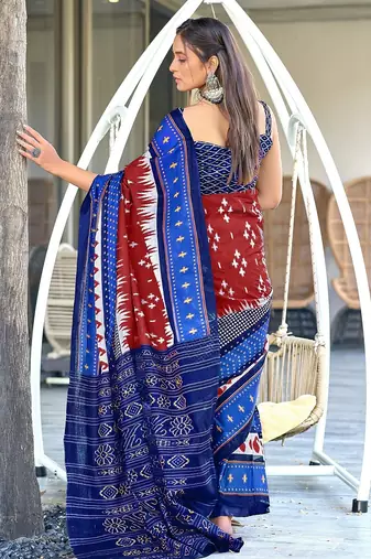 Red ikkat print mulmul cotton saree with blouse.