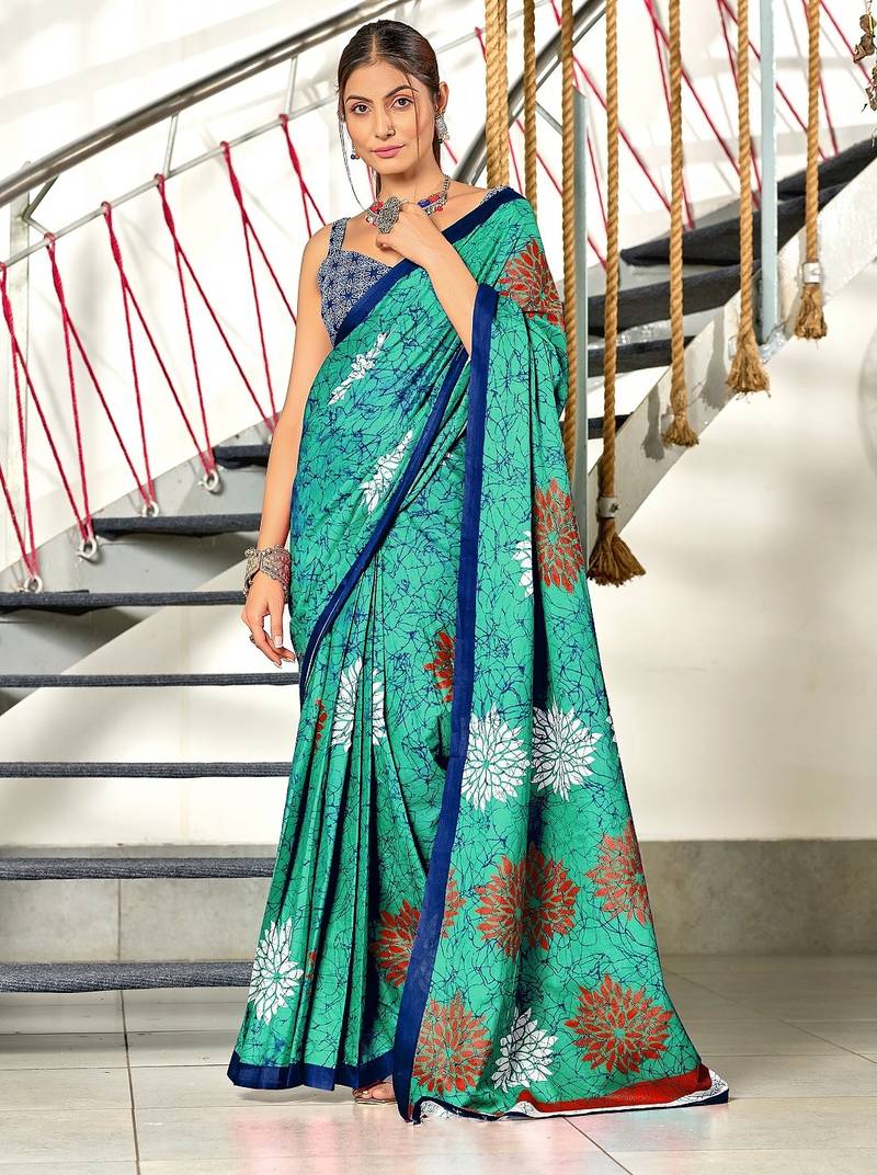 Aqua blue floral, block print mulmul cotton saree with blouse.