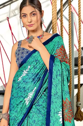 Aqua blue floral, block print mulmul cotton saree with blouse.