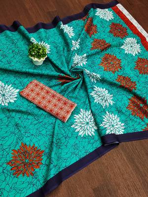Aqua blue floral, block print mulmul cotton saree with blouse. 5