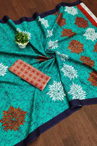 Aqua blue floral, block print mulmul cotton saree with blouse.
