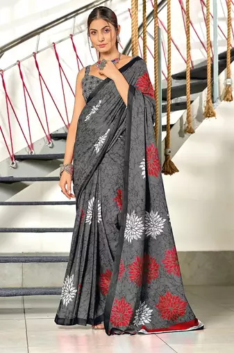 Grey floral, block print mulmul cotton saree with blouse.