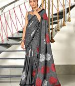 Grey floral, block print mulmul cotton saree with blouse.
