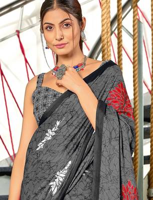 Grey floral, block print mulmul cotton saree with blouse. 2