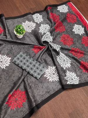 Grey floral, block print mulmul cotton saree with blouse. 5
