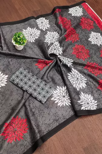 Grey floral, block print mulmul cotton saree with blouse.