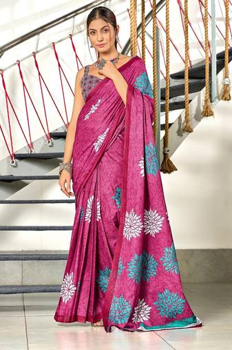 Pink floral, block print mulmul cotton saree with blouse.