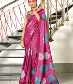 Pink floral, block print mulmul cotton saree with blouse.
