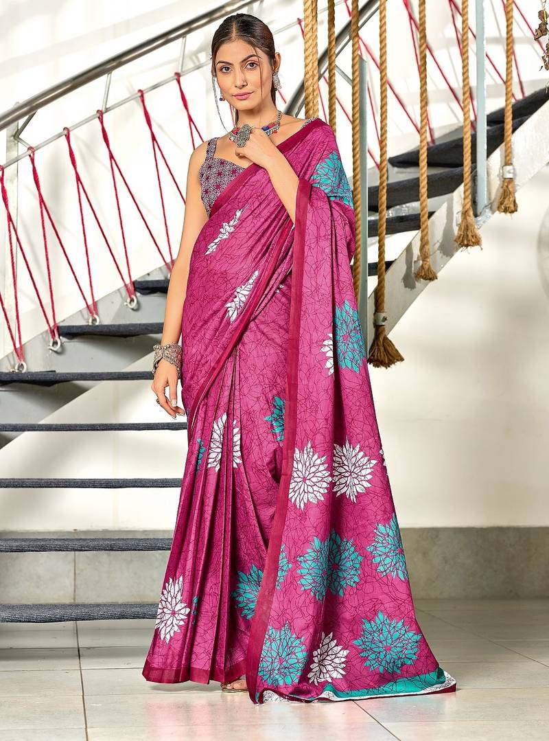 Pink floral, block print mulmul cotton saree with blouse.