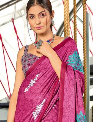 Pink floral, block print mulmul cotton saree with blouse. 2