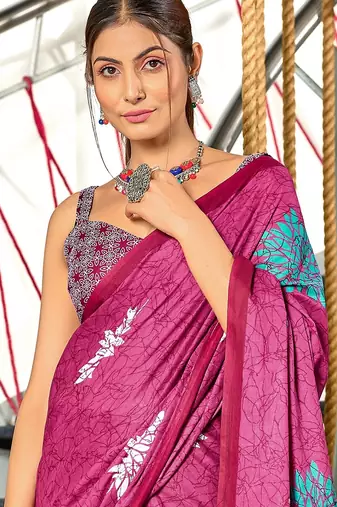 Pink floral, block print mulmul cotton saree with blouse.
