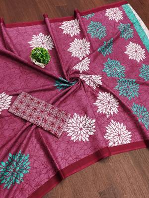 Pink floral, block print mulmul cotton saree with blouse. 5