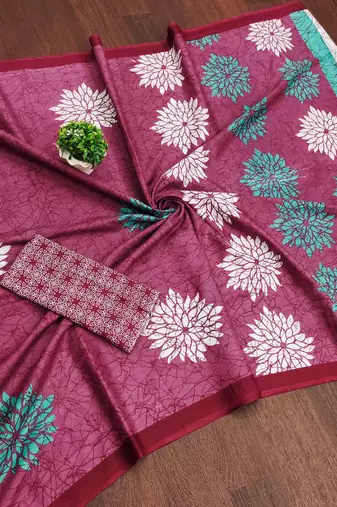 Pink floral, block print mulmul cotton saree with blouse.