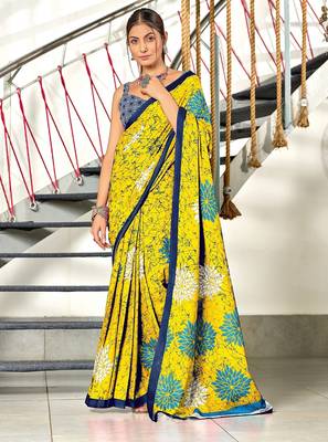 Yellow floral, block print mulmul cotton saree with blouse. 1