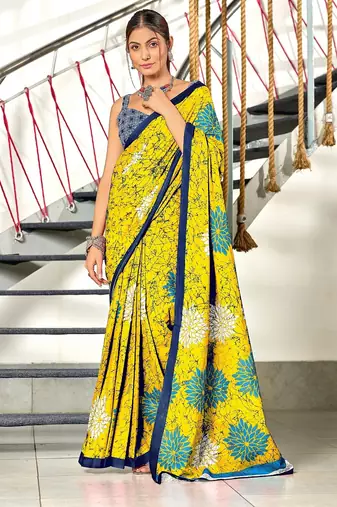 Yellow floral, block print mulmul cotton saree with blouse.