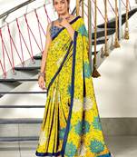 Yellow floral, block print mulmul cotton saree with blouse.
