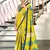 Yellow floral, block print mulmul cotton saree with blouse.