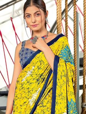 Yellow floral, block print mulmul cotton saree with blouse. 2