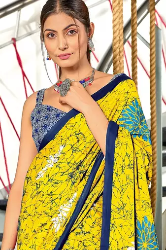Yellow floral, block print mulmul cotton saree with blouse.