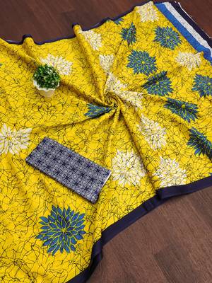 Yellow floral, block print mulmul cotton saree with blouse. 5