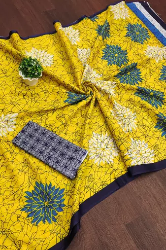 Yellow floral, block print mulmul cotton saree with blouse.