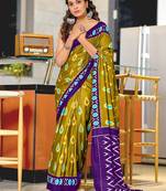 Green ikkat print mulmul cotton saree with blouse.