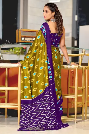Green ikkat print mulmul cotton saree with blouse.