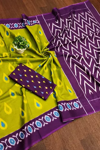 Green ikkat print mulmul cotton saree with blouse.
