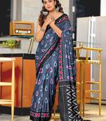 Grey ikkat print mulmul cotton saree with blouse.