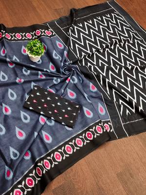 Grey ikkat print mulmul cotton saree with blouse. 5