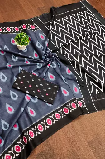 Grey ikkat print mulmul cotton saree with blouse.