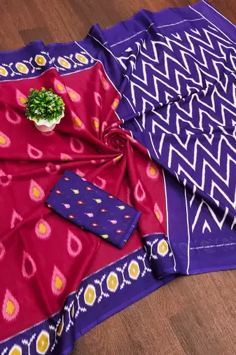Pink ikkat print mulmul cotton saree with blouse.