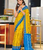Yellow ikkat print mulmul cotton saree with blouse.