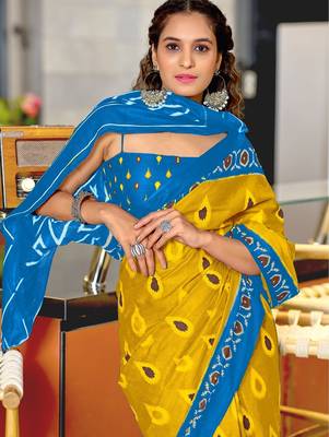Yellow ikkat print mulmul cotton saree with blouse. 2