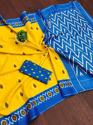 Yellow ikkat print mulmul cotton saree with blouse. 5