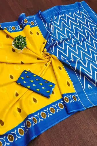 Yellow ikkat print mulmul cotton saree with blouse.