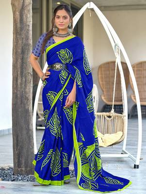 Blue block print mulmul cotton saree with blouse. 1