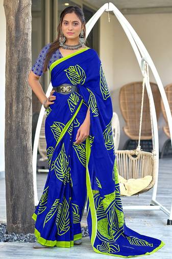 Blue block print mulmul cotton saree with blouse.