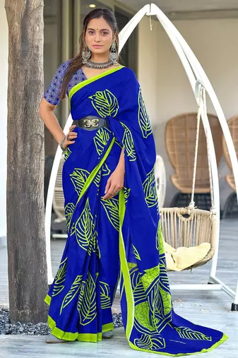 Blue block print mulmul cotton saree with blouse.