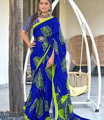 Blue block print mulmul cotton saree with blouse.
