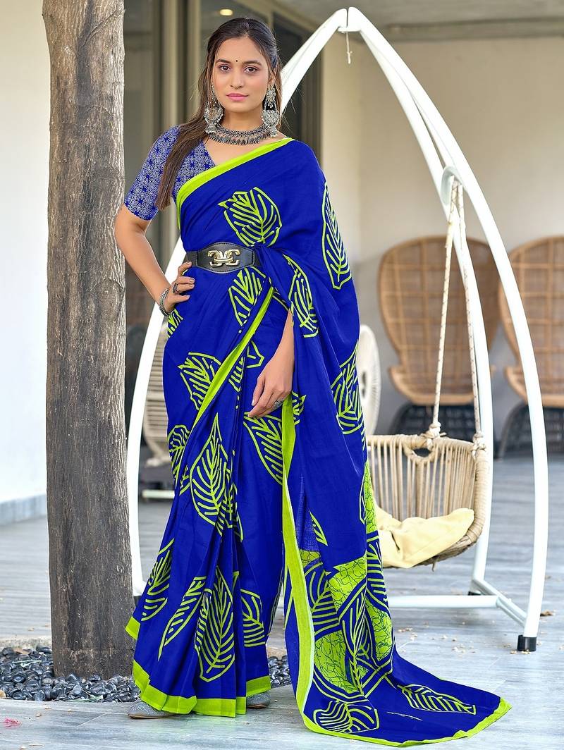 Blue block print mulmul cotton saree with blouse.