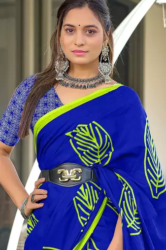 Blue block print mulmul cotton saree with blouse.